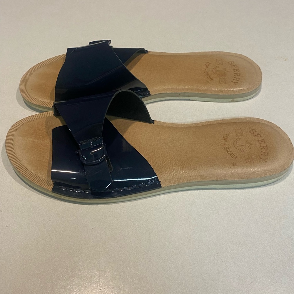 SPERRY TOP SIDER SEAPORT SLIDE SANDAL DARK BLUE PATENT LEATHER WOMENS SZ 10 - Picture 7 of 13